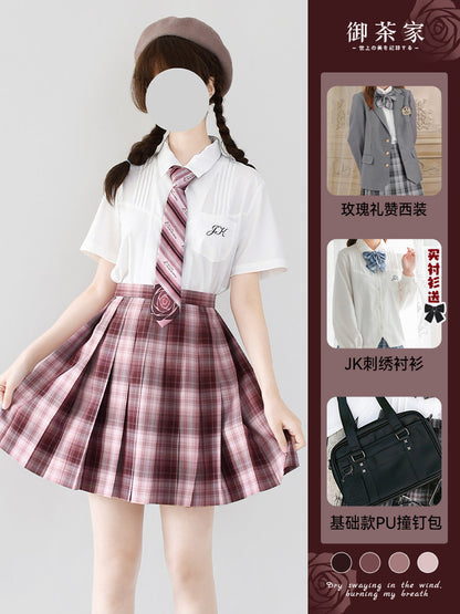 Dusty Rose Plaid Pleated Skirt TEA0042