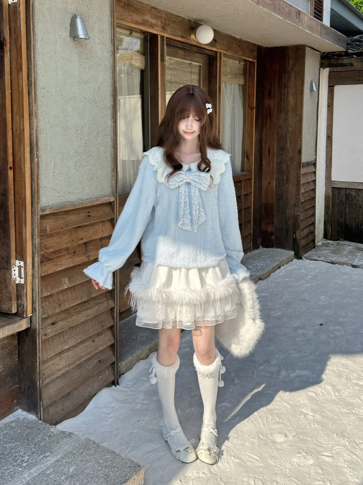 Fluffy Lace Collar Knit Sweater With Tiered Skirt LAL0154