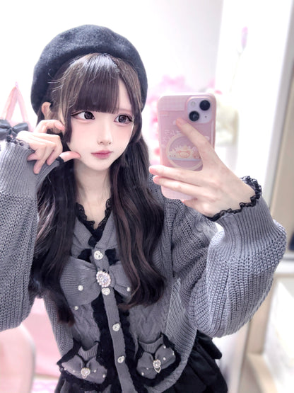 Gothic Lolita Bow Fuzzy Knit Cardigan MIL0012