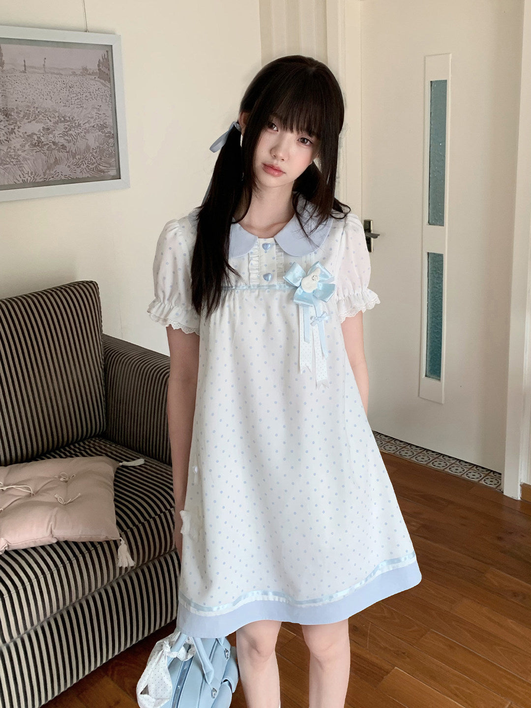 Baby Blue Collar Polka Dot Babydoll Dress LAL0185