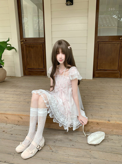 Square Neck Puff Sleeve Lace Tulle Dress LAL0191
