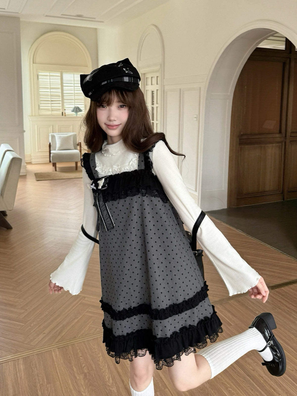 Polka Dot Lace Trim Pinafore Dress LAL0235