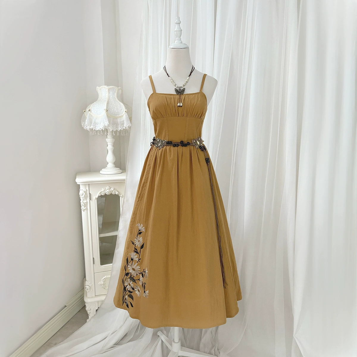 Orange Color Flower Embroidery China Style Dress YOU0041