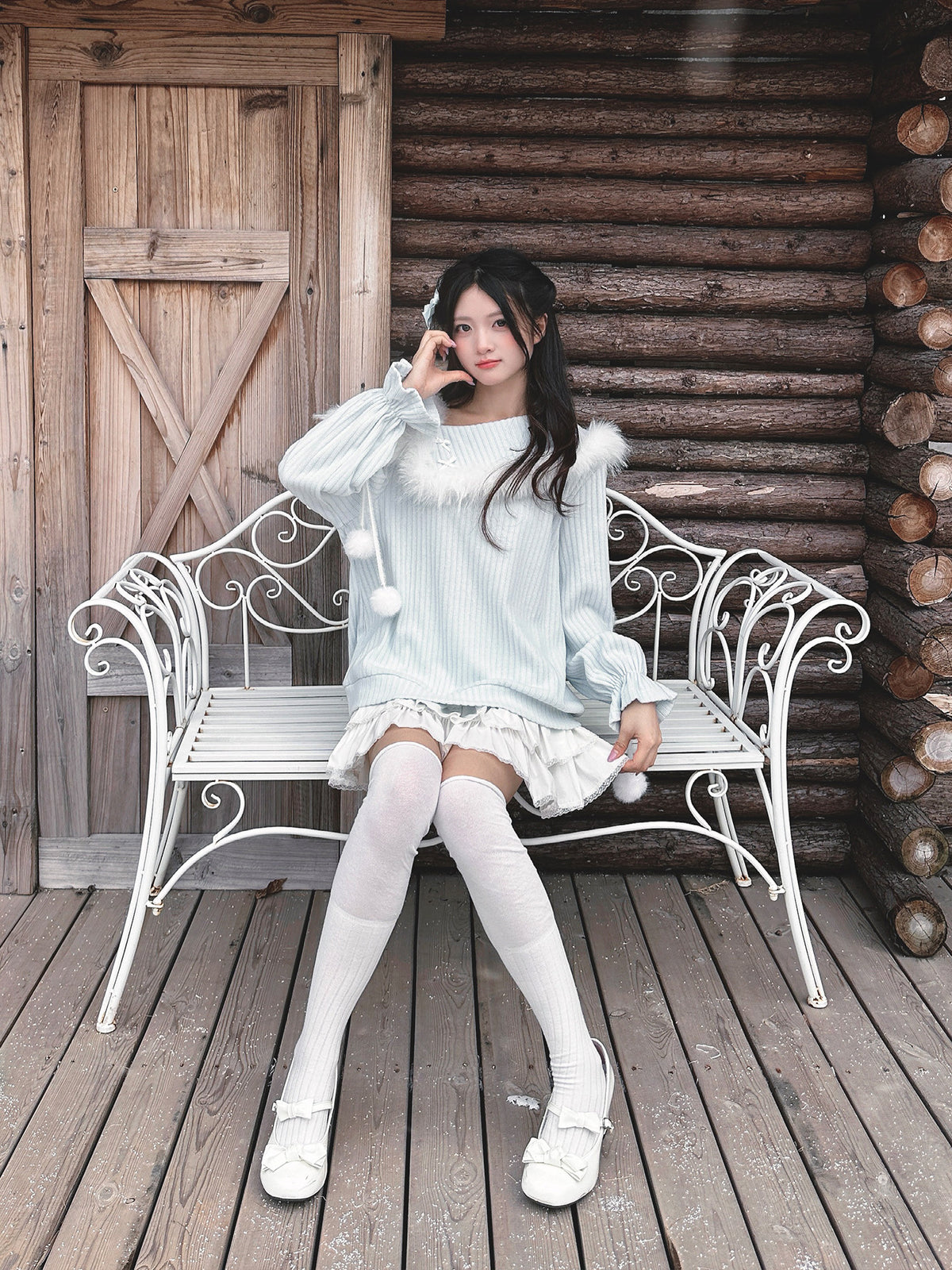 Off Shoulder Fuzzy Trim Knit Sweater LAL0158
