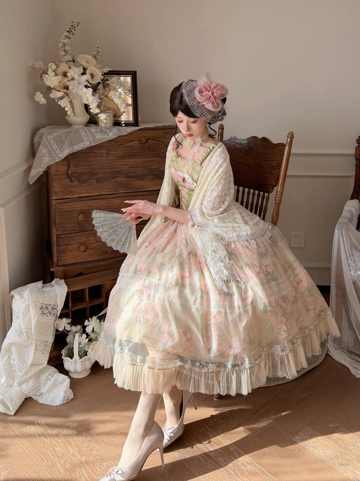 Floral Print Ribbon Waist Garden Dress ONE0024