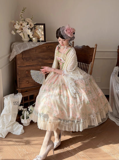 Floral Print Ribbon Waist Garden Dress ONE0024