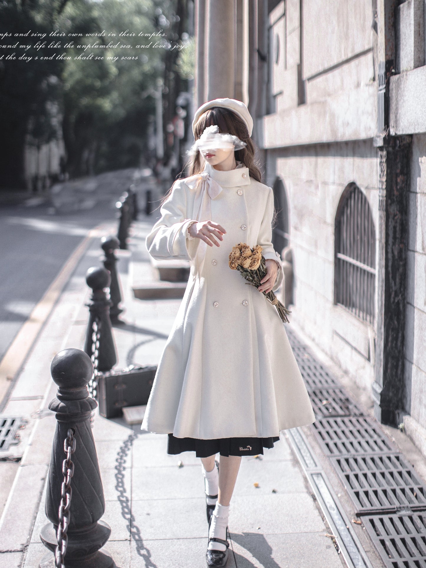 Elegant Double Breasted White Wool Coat HUT0032