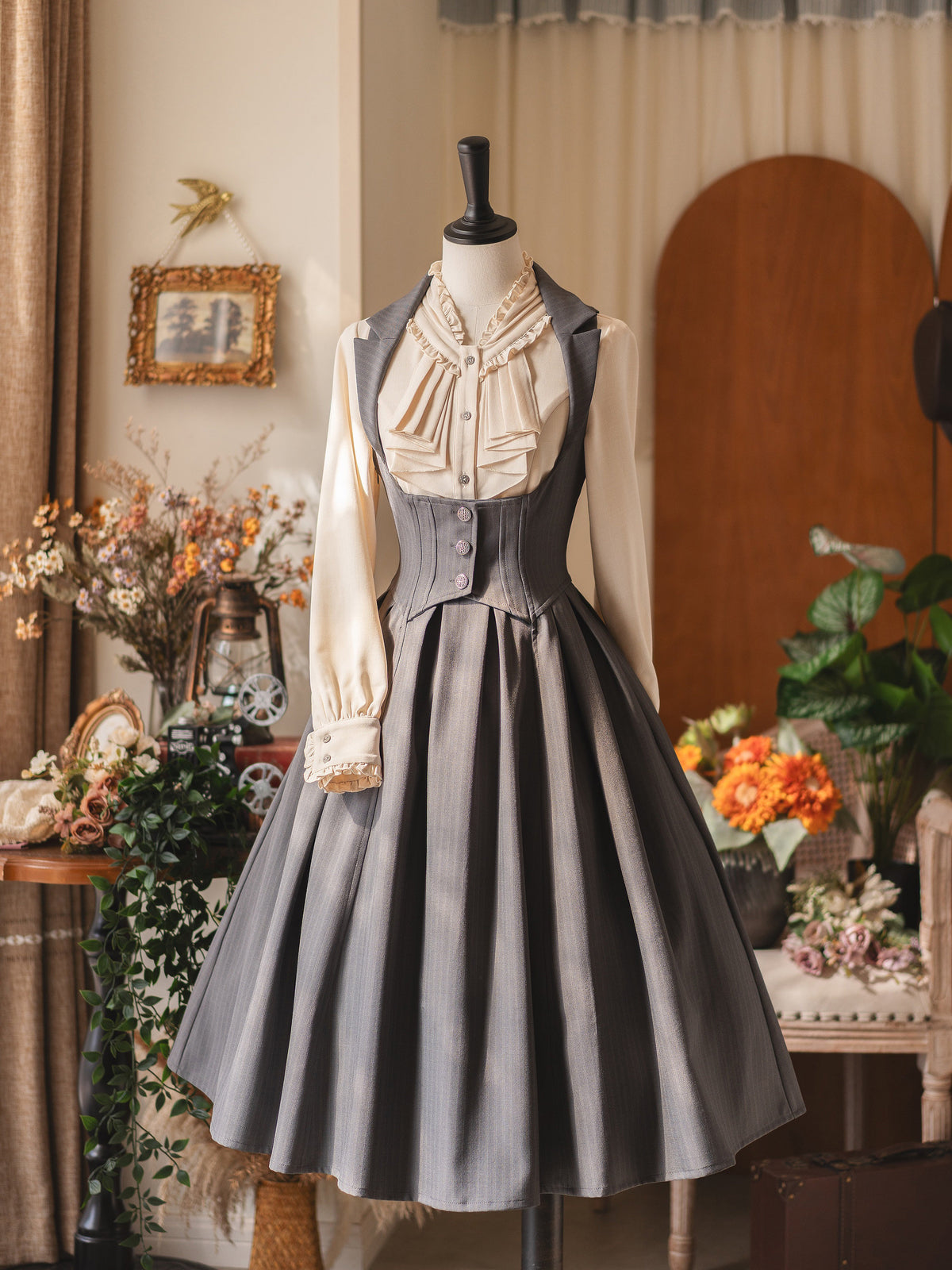 Vintage Ruffled Bow Collar Waist Shirt FOR0079