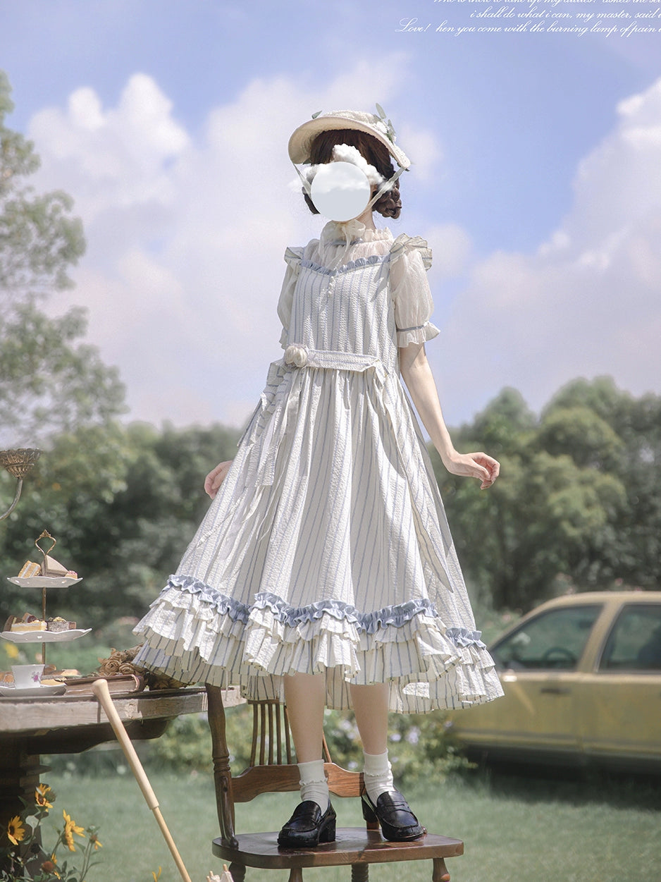 Sweet Puff Sleeve Shirt & Stripe Suspender Skirt HUT0068