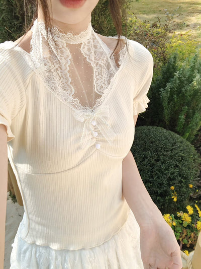 Lace Collar Cutout Ribbed Knit Top LAL0171
