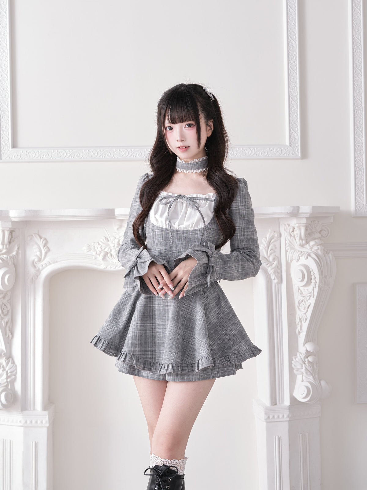 Plaid Square Neck Belted Dress NOG0027