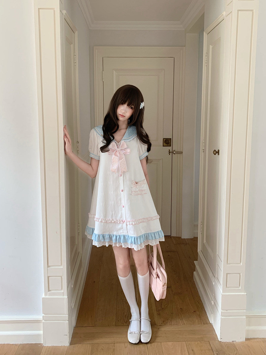 Sailor Collar Puff Sleeve Dress With Ruffle Hem LAL0190