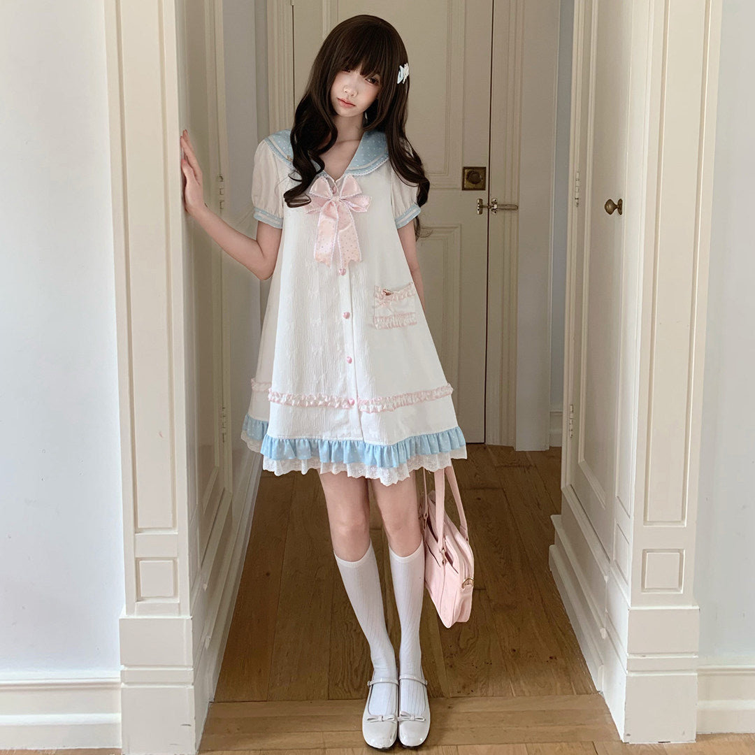 Sailor Collar Puff Sleeve Dress With Ruffle Hem LAL0190