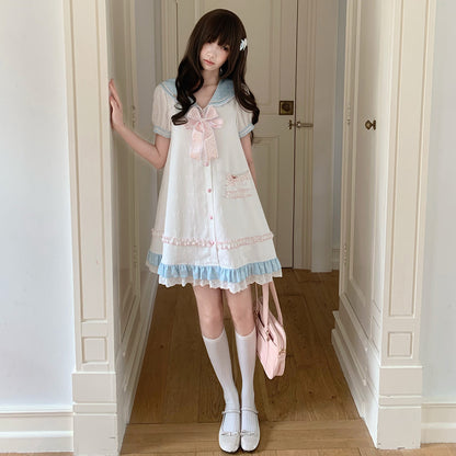 Sailor Collar Puff Sleeve Dress With Ruffle Hem LAL0190