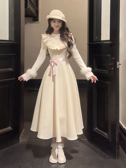 Sweet Bow Fur-Trim Cape Dress Set BEL0024