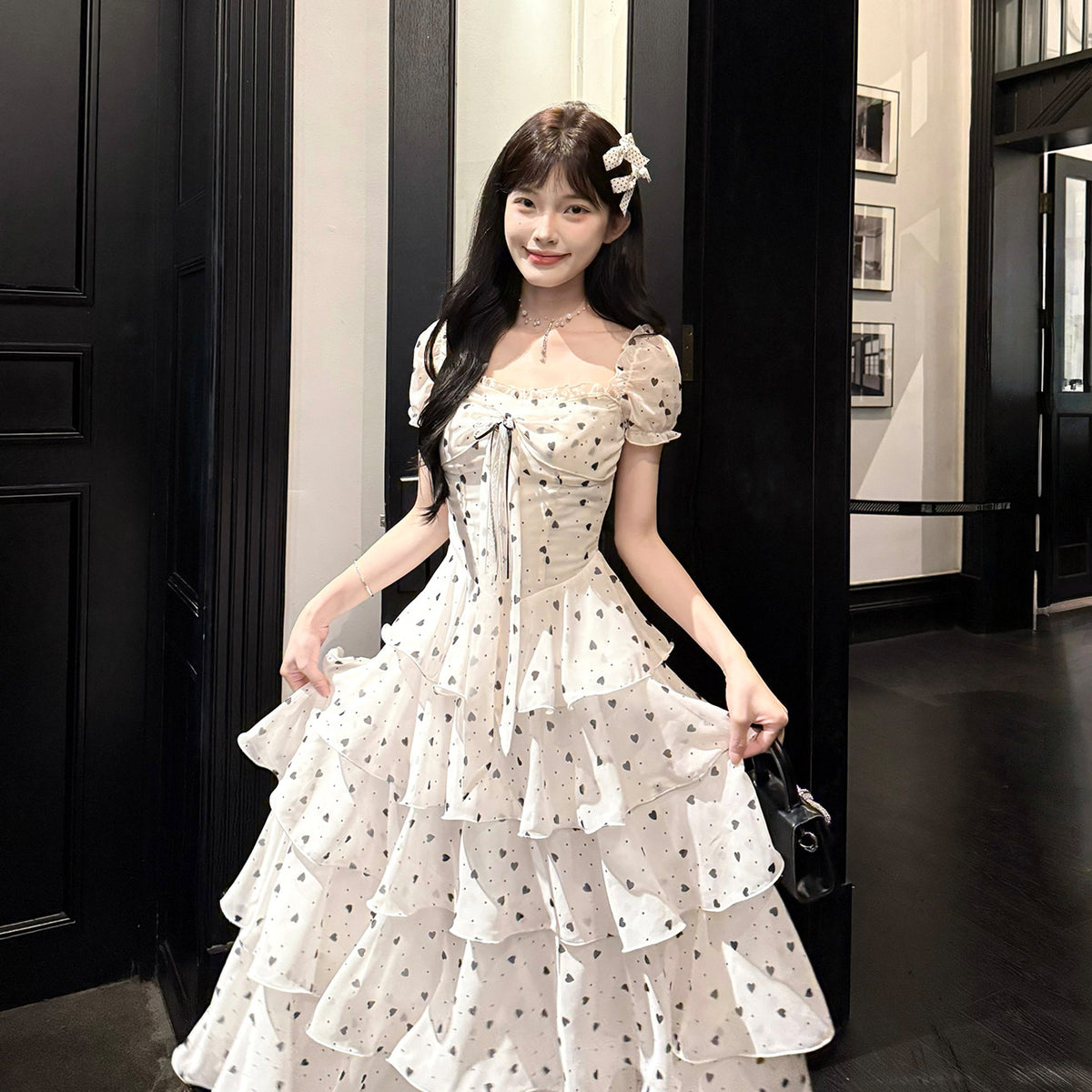 Polka Dot Square Neck Puff Sleeve Tiered Dress BEL0027