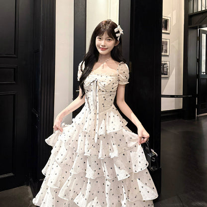 Polka Dot Square Neck Puff Sleeve Tiered Dress BEL0027