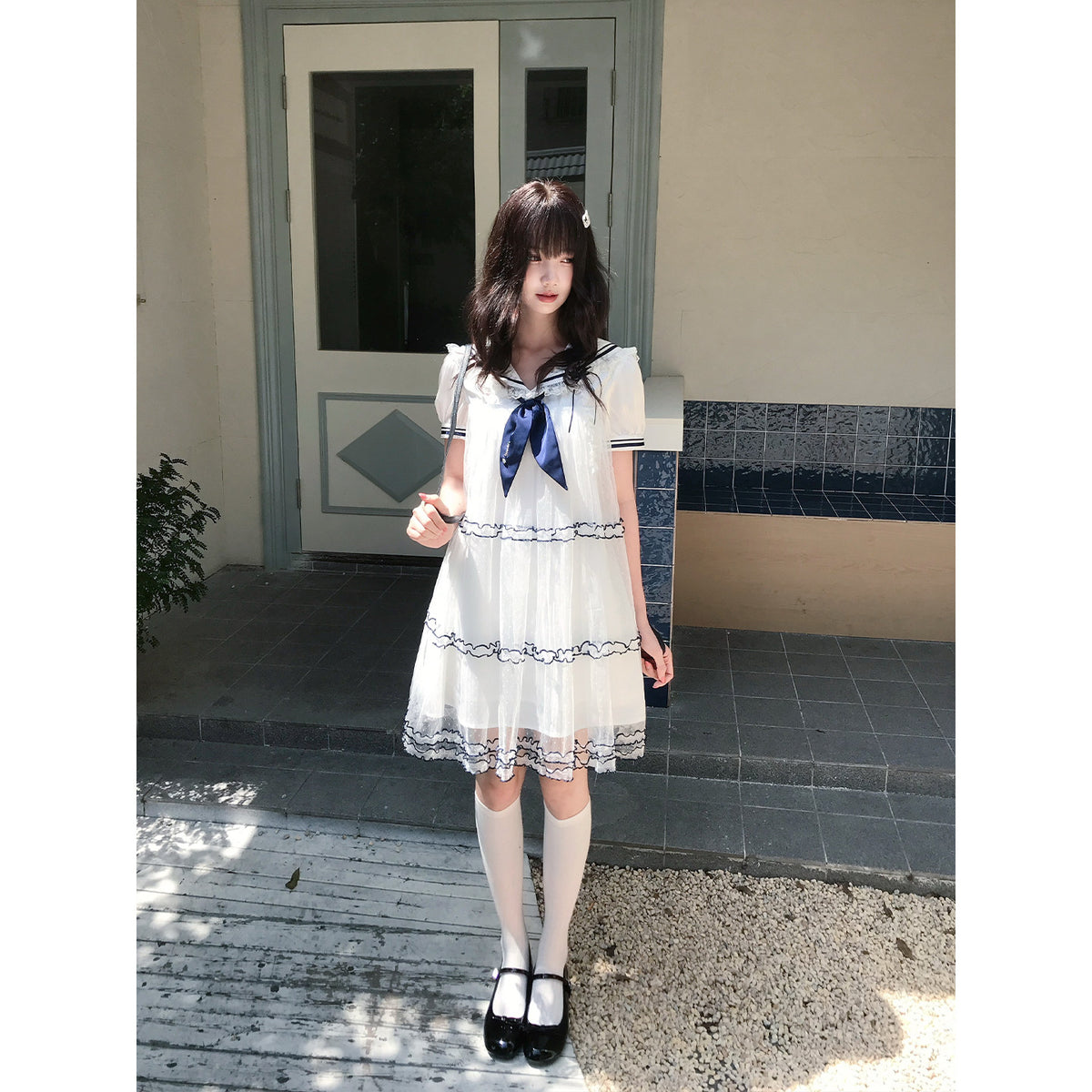 Sailor Collar Puff Sleeve Ruffle Hem Dress LAL0233