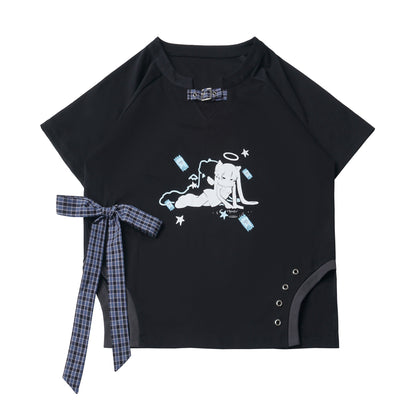 Graphic Print Tee And Plaid Tiered Skirt PIN0048