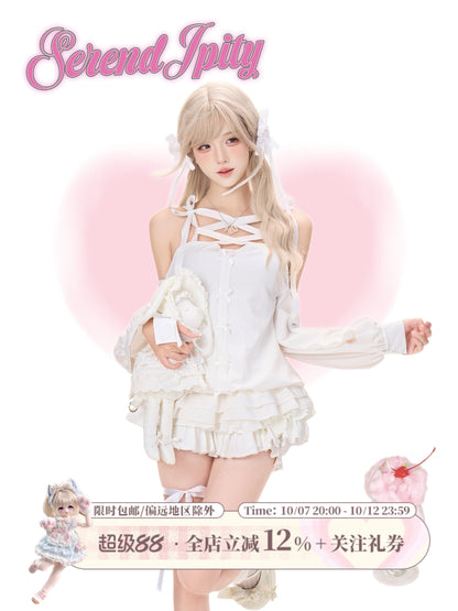 Off Shoulder Lace Up Top And Ruffle Cake Skirt Set SER0156