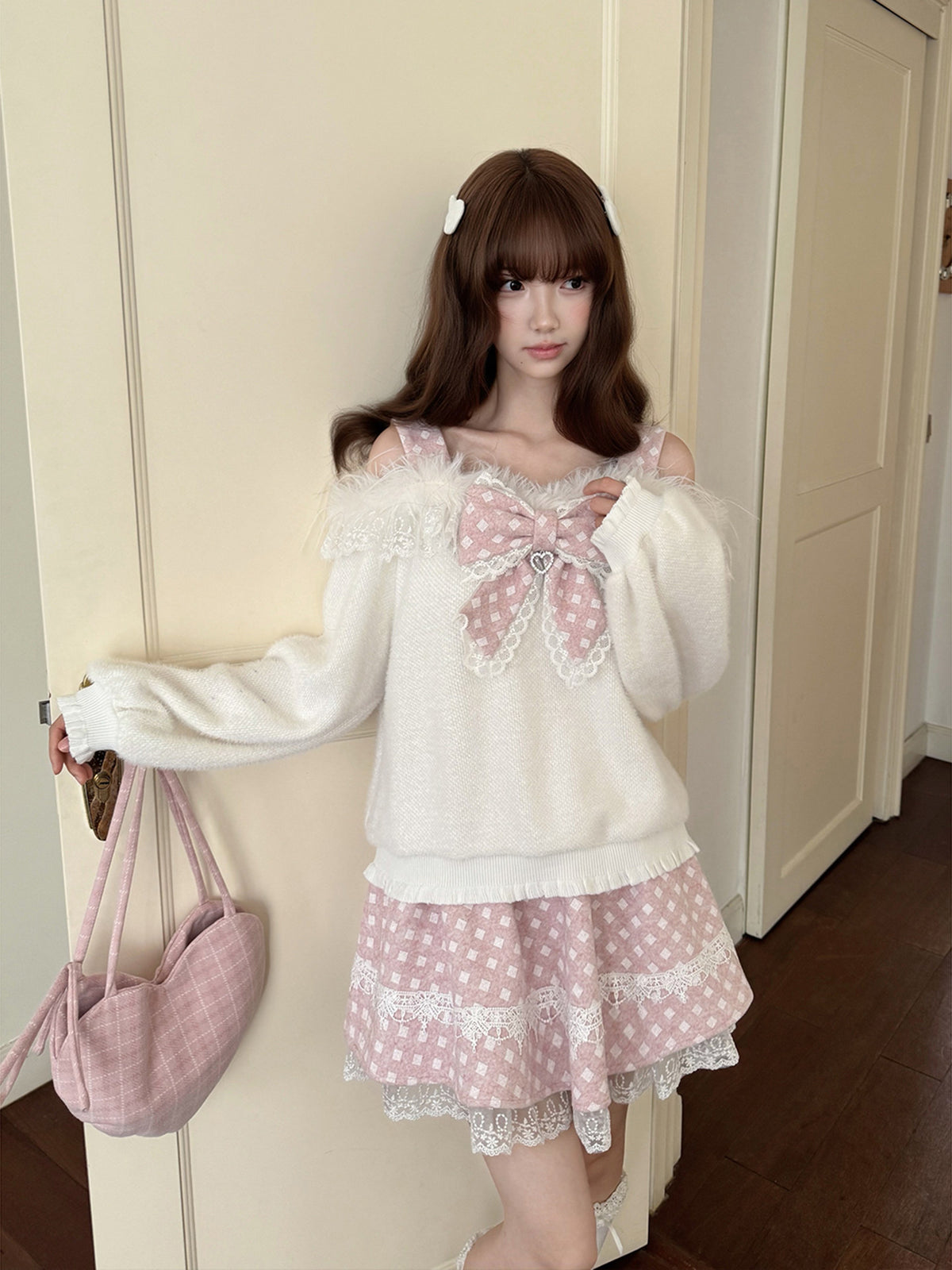 Fluffy Bow Off Shoulder Knit Top LAL0145