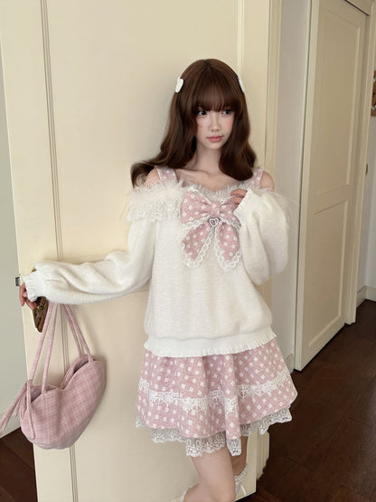 Fluffy Bow Off Shoulder Knit Top LAL0145