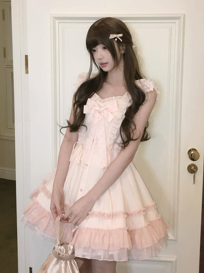 Pink Bow Ruffle Tiered Dress LAL0172