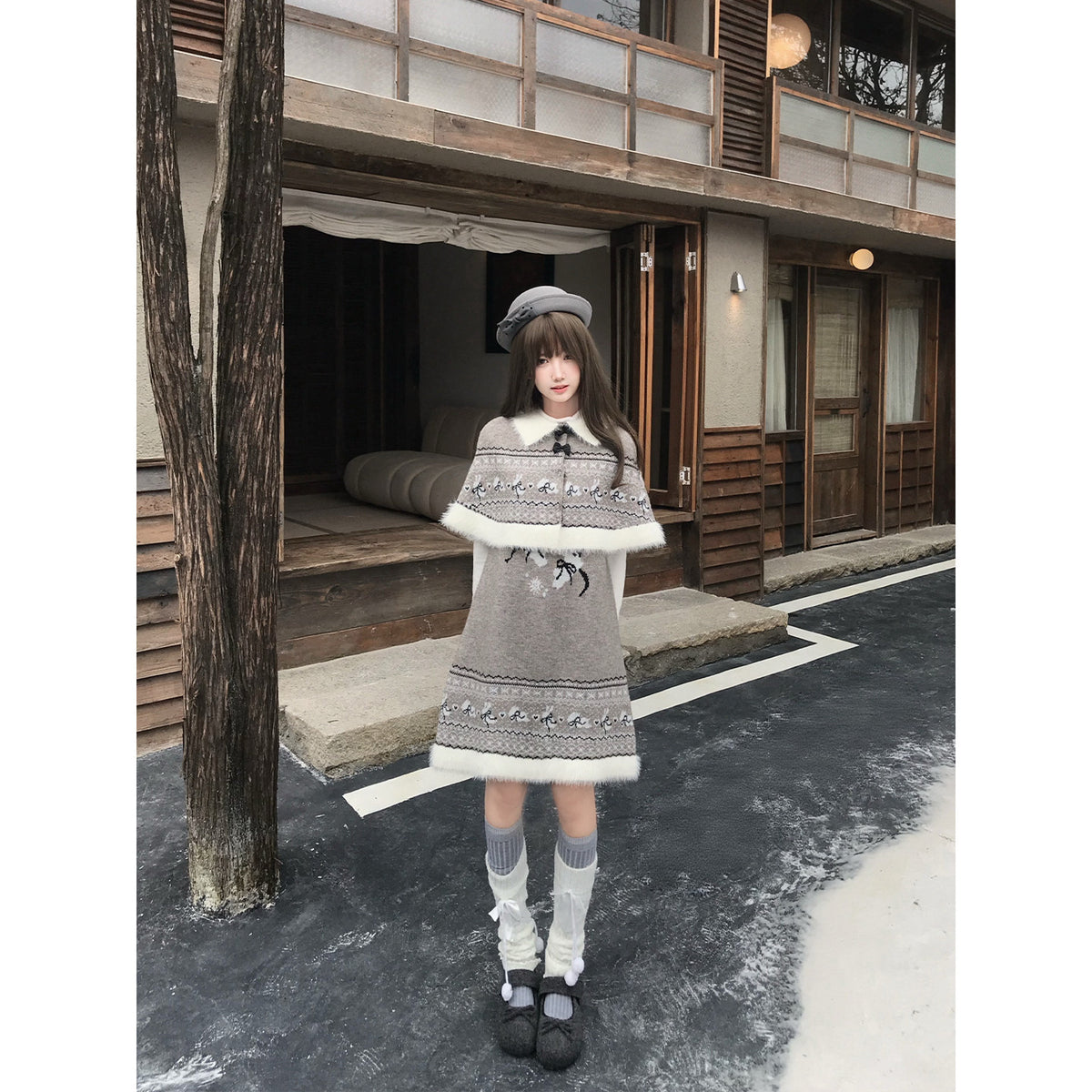 Rabbit Fleece Knit Dress With Removable Cape LAL0139