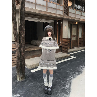 Rabbit Fleece Knit Dress With Removable Cape LAL0139