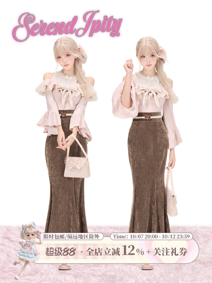 Off Shoulder Ruffle Blouse Corduroy Maxi Skirt SER0162