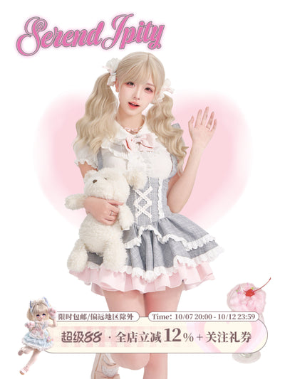 Ruffle Collar Shirt Gingham Jumper Set SER0148