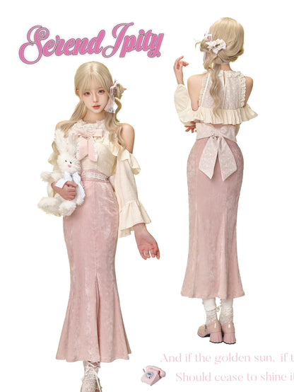 Off Shoulder Ruffle Top Velvet Mermaid Skirt Set SER0142