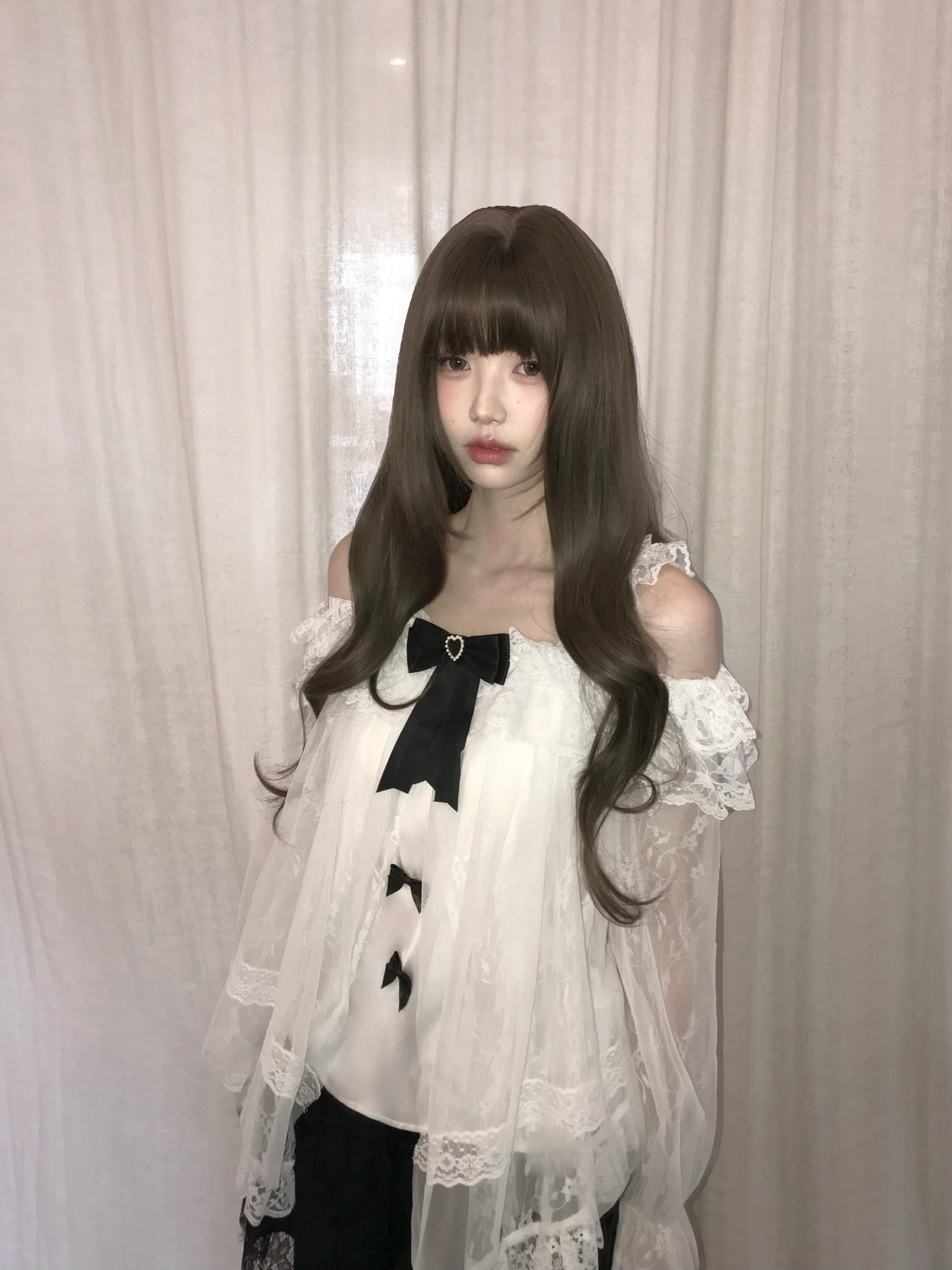 Off Shoulder Sheer Lace Blouse With Bow Trim LAL0128