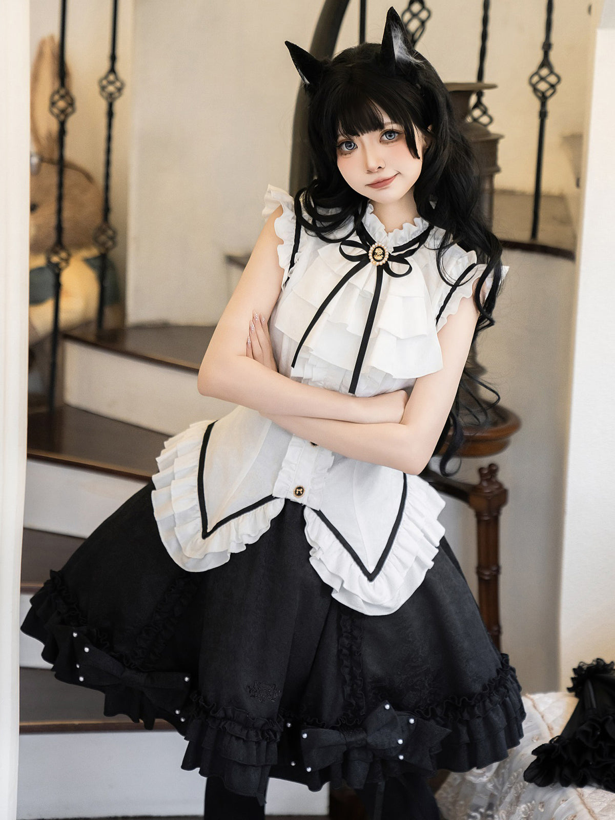 Black White Ruffled Lolita Vest Skirt Set YOU0269