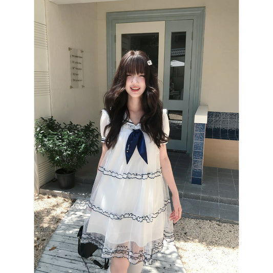 Sailor Collar Puff Sleeve Ruffle Hem Dress LAL0233