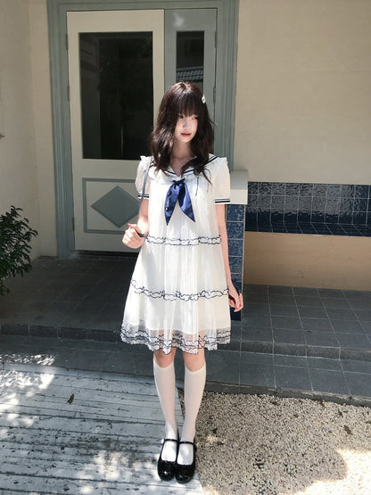 Sailor Collar Tiered Lace Dress LAL0194