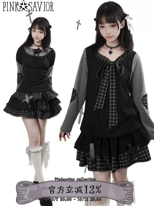 Plaid Puff Sleeve Gothic Tiered Dress PIN0026