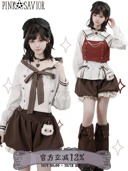 Sailor Collar Striped Shirt And Bloomer Skirt PIN0043