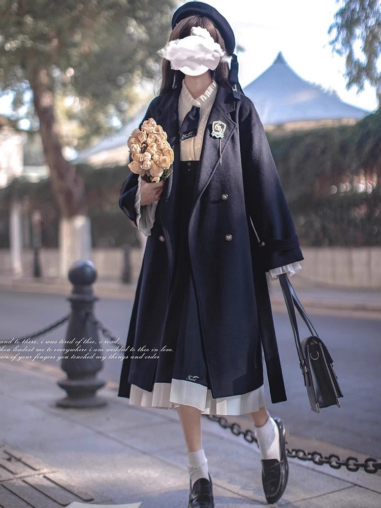 Navy Wool Double-Breasted College Coat HUT0160