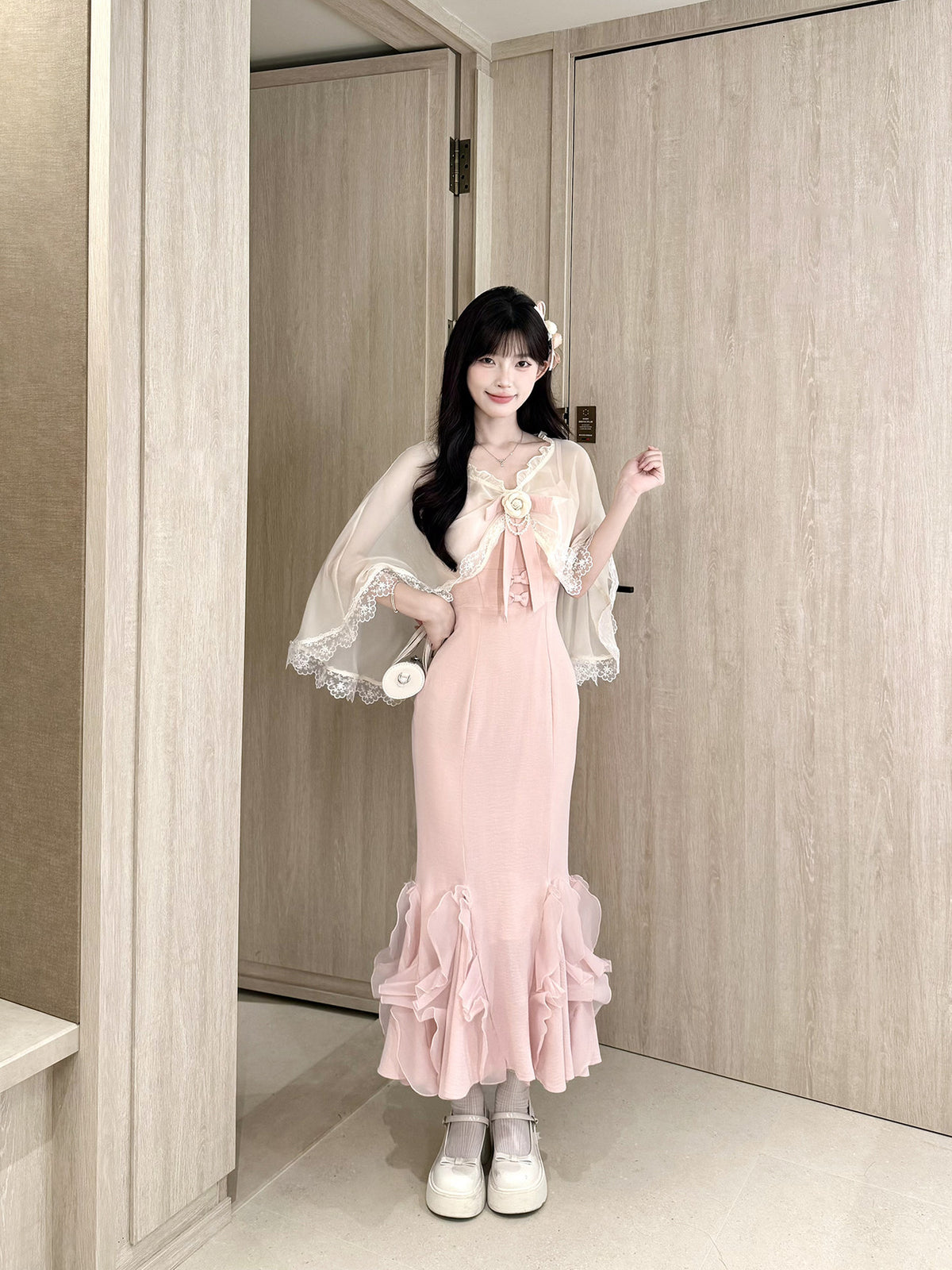 Lace Shawl Ruffle Mermaid Strap Dress Set BEL0038