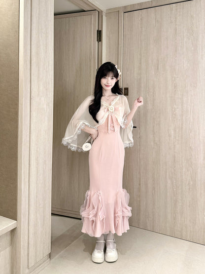 Lace Shawl Ruffle Mermaid Strap Dress Set BEL0038