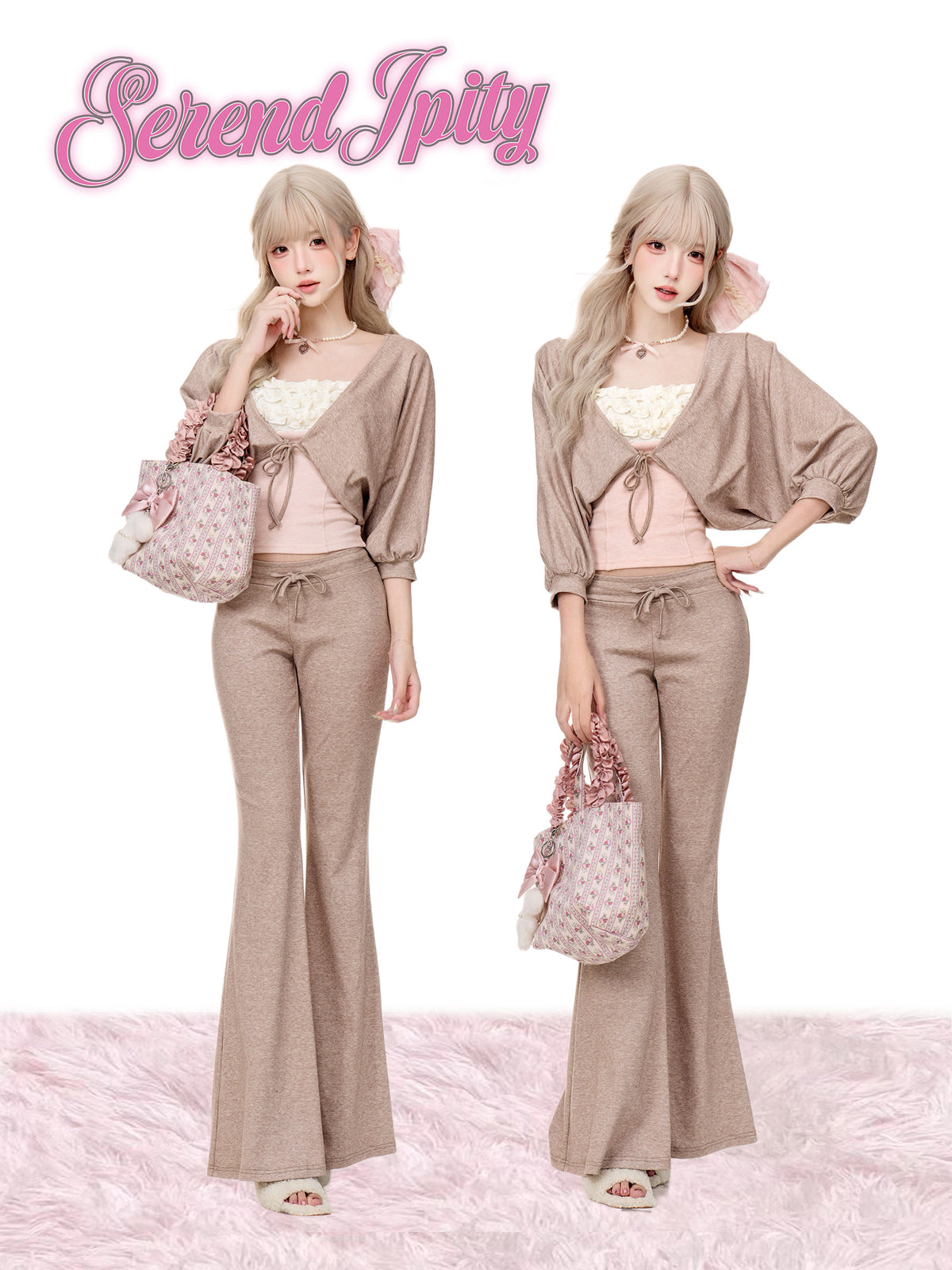 Crop Cardigan Lace Camisole Wide Pants Set SER0161