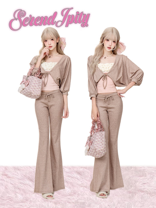 Crop Cardigan Lace Camisole Wide Pants Set SER0161