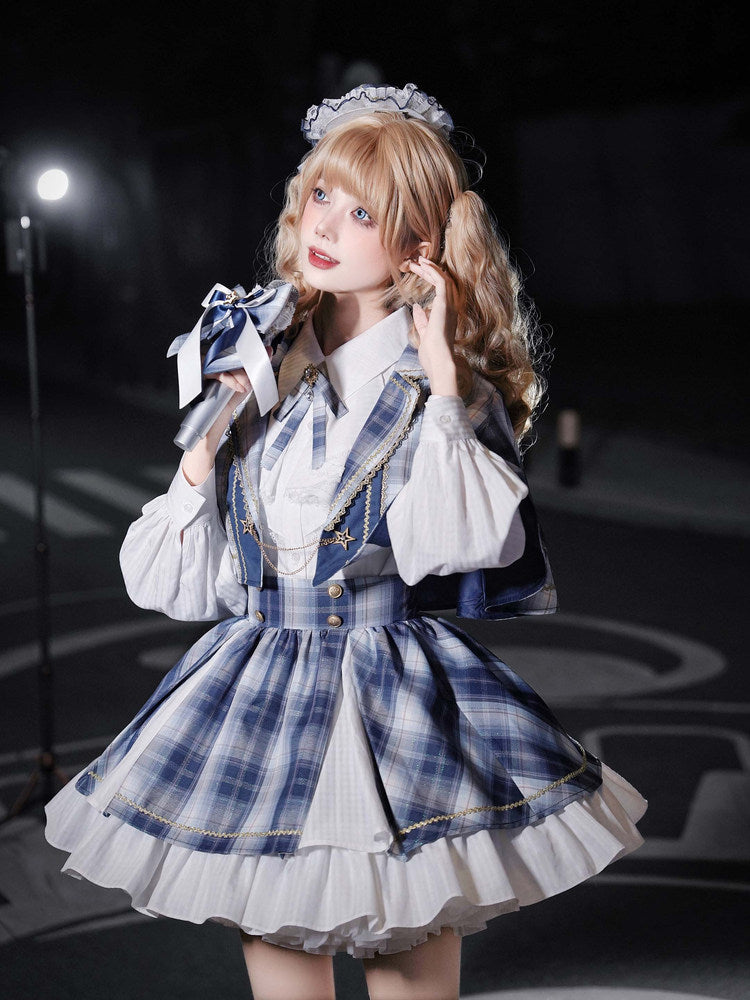 Plaid Cape Bow Blouse With Tiered Skirt LAL0167