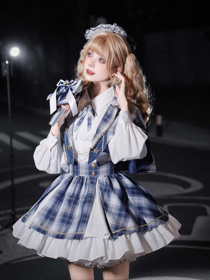 Plaid Cape Bow Blouse With Tiered Skirt LAL0167