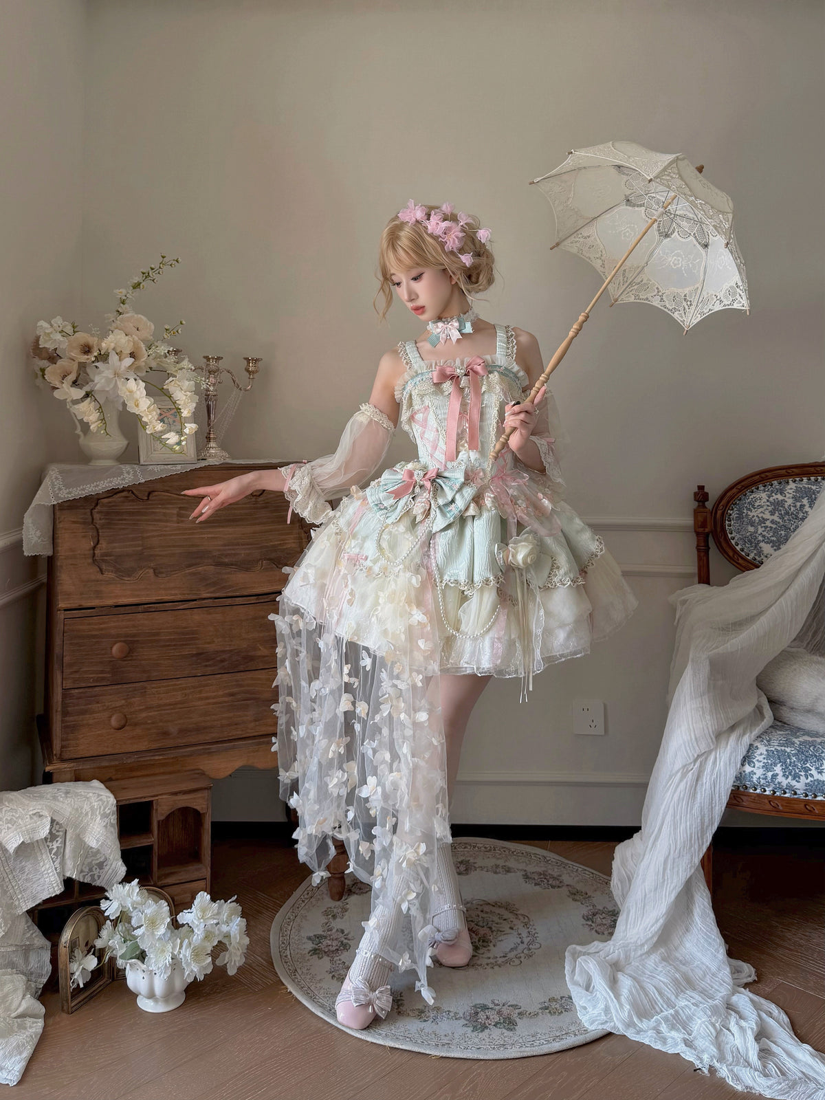 Pastel Floral Sheer Lace Lolita Dress ONE0022
