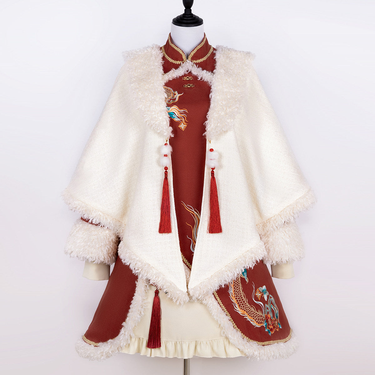 Chinese Style Embroidered Fur Trim Cape Dress Set YOU0238