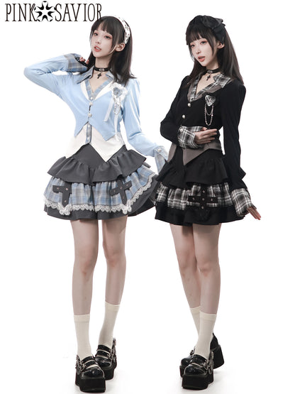 Vintage Layered Blazer And Plaid Cake Skirt PIN0055