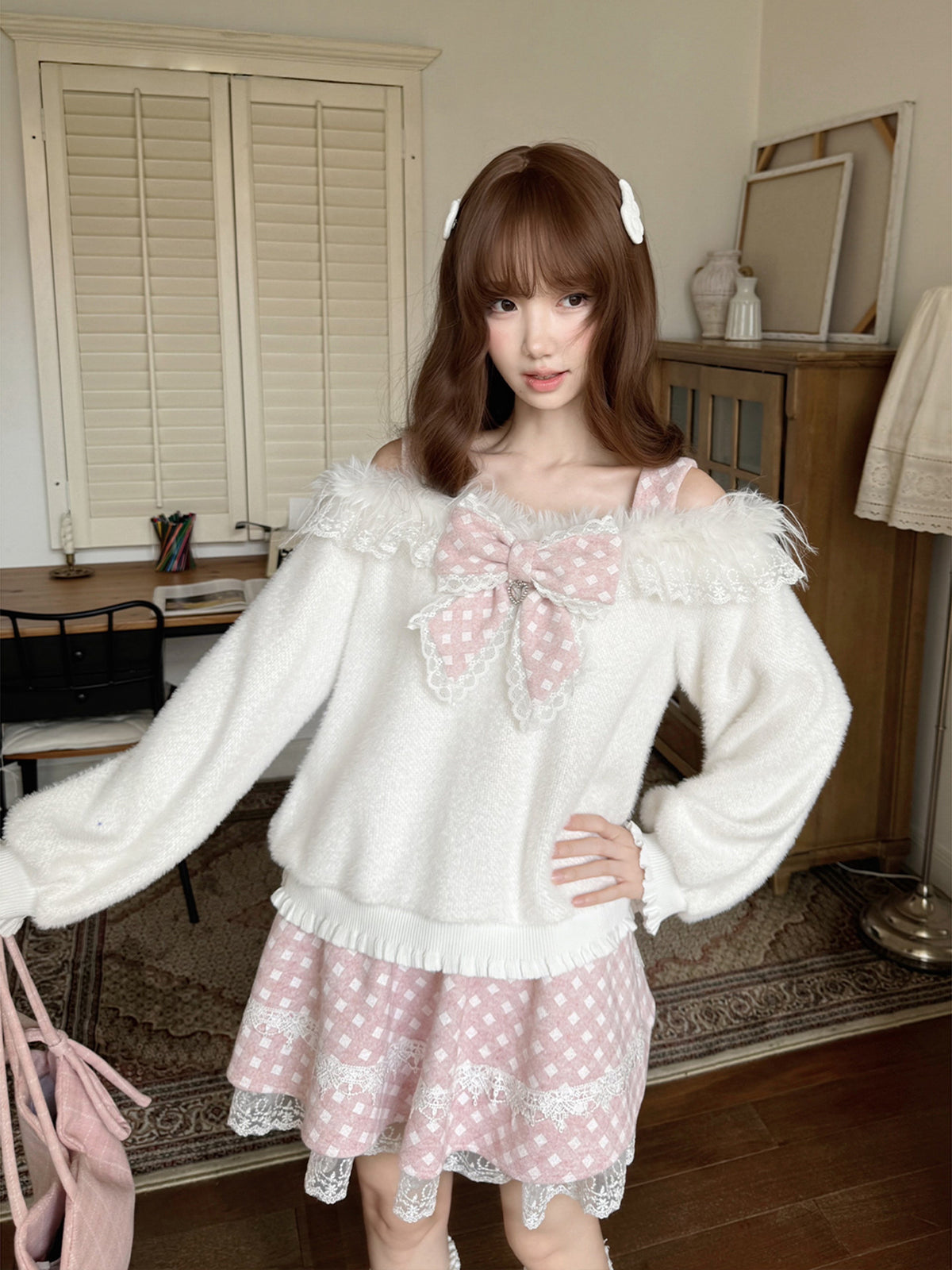 Fluffy Bow Off Shoulder Knit Top LAL0145