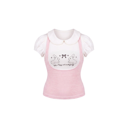 Bunny Print Collar Blouse With Apron Shorts SER0153